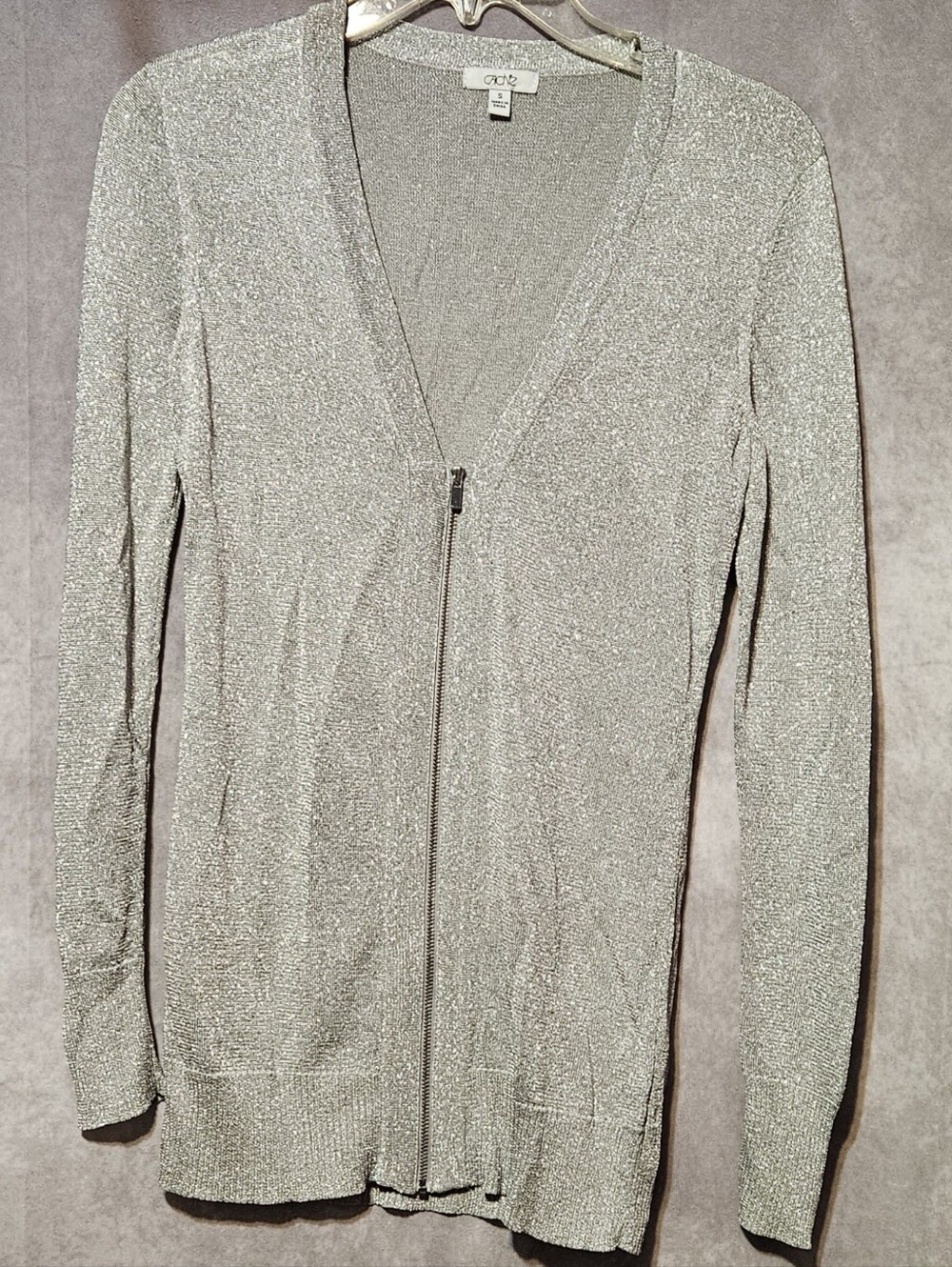 Cache Womens S Silver Metallic Zip Front Cardigan Sweater Shimmer Knit Long Slee